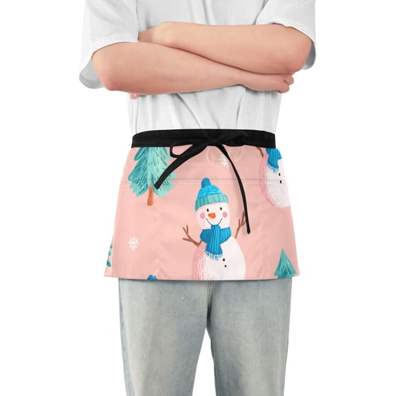 Snowman with Blue Hat Scarf Christmas Trees Short Server Apron with 3 Pockets for Unisex Chef Gardening