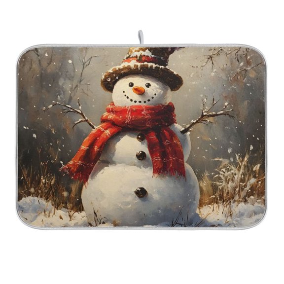 Snowman with Christmas Hat Dish Drying Mat 18x24 Absorbent Microfiber Draining Rack Pad for Kitchen Counter Sink