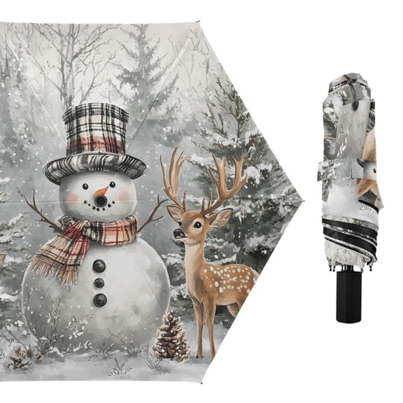 Snowman with Deer Compact Sun Umbrella Windproof Travel Umbrellas for Rain Strong Portable UV Protection