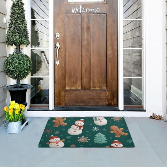 Snowman with Gingerbread Christmas Trees Snowflakes Doormats Welcome Mats Gate Pads Entryway Outdoor 32" x 20"