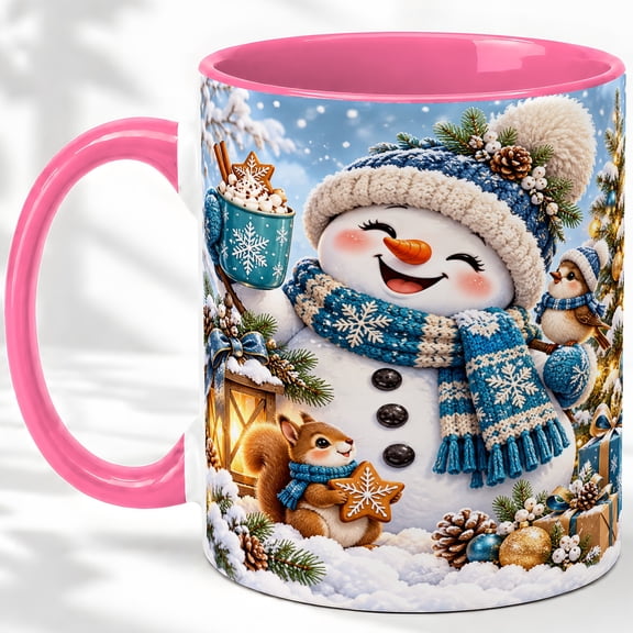 Snowman with Hot Cocoa Accent Ceramic Mug 11oz, Christmas Art