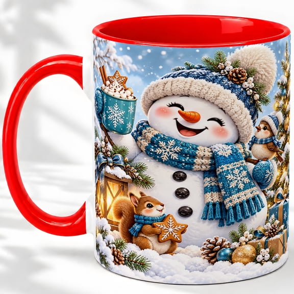 Snowman with Hot Cocoa Accent Ceramic Mug 11oz, Christmas Art
