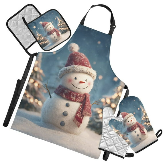 Snowman with Shining Christmas Tree Apron Set with Oven Mitts Pot Holders Set of 5 Kitchen Stuff Accessories