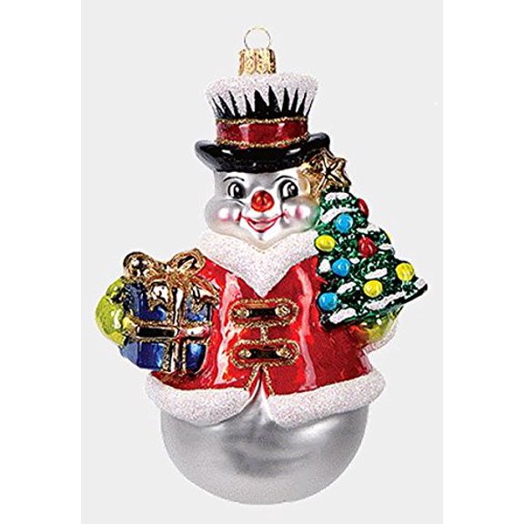 Snowman with Tree and Presents Polish Mouth Blown Glass Christmas Ornament