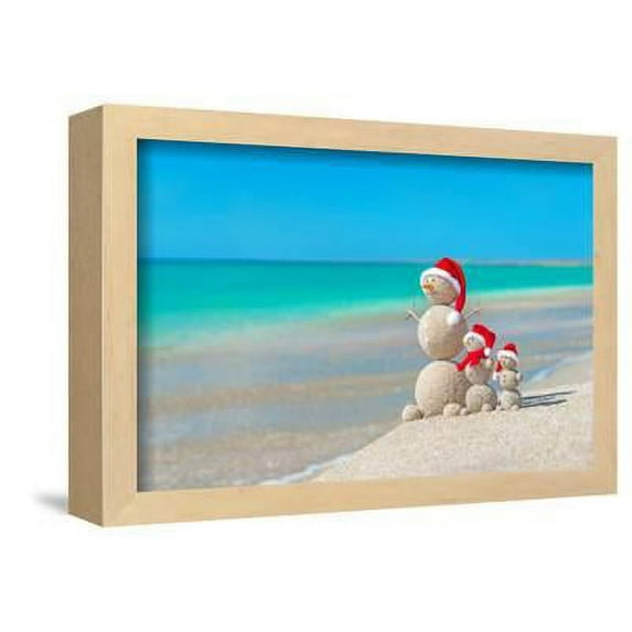 Snowmans Family at Sea Beach in Santa Hat. New Years and Christmas, Framed Art Print Wall Art by EMprize Sold by Art.Com