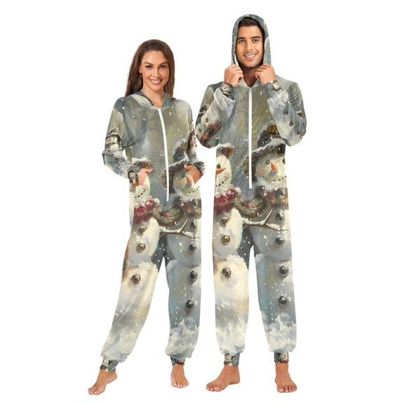 Snowmans Gray Adult Onesie Pajamas Slim Fit Christmas One Piece Suit Pjs for Women and Men Hooded Zipper