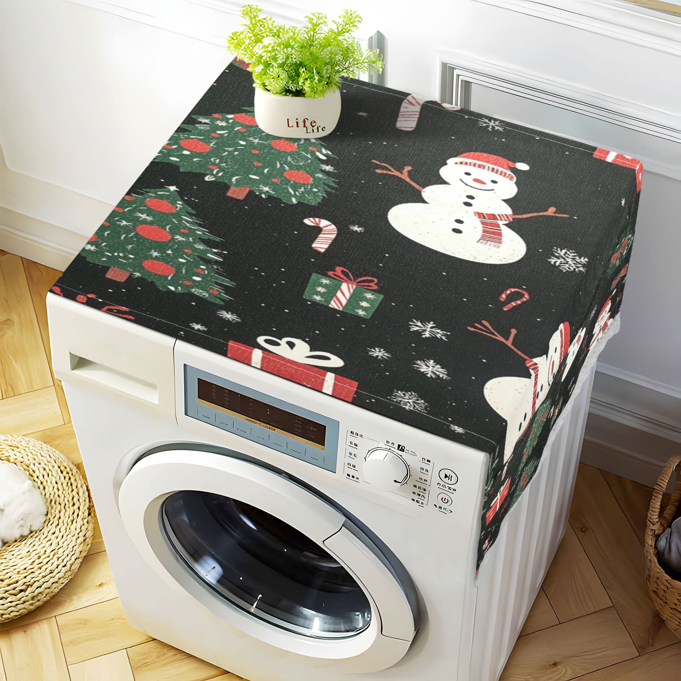 Snowmen and Christmas TreeWasher and Dryer Covers Dust-Proof and Oil Resistant Fridge Cover with 4 Storage Pockets Washing Machine Top Cover for Laundry Kitchen Home 51.2 x 22 In