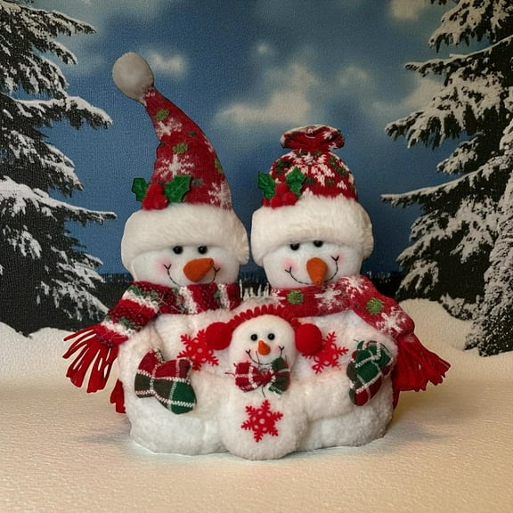 Snowmen Family Plush Shelf Sitter Figurine Red White Green Soft Fabric Christmas Decoration Tabletop Fireplace Desk Winter Holiday Collectible (12 x 9)