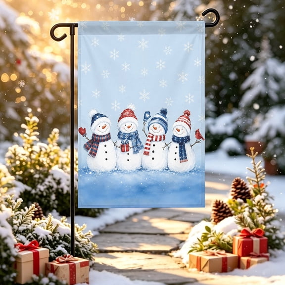 Snowmen Friends Garden Flag 12x18 inch Winter Christmas Blue Beany Scarf Cardinal Bird Double Sided Small Decorative Garden Flags for Outside, Outdoor Yard Porch Lawn Decoration