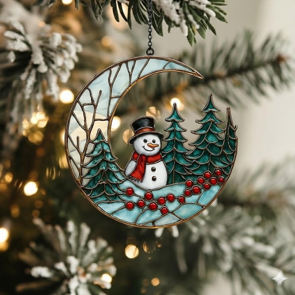 Snowmen Moon and Pine Trees Acrylic Ornament - Handmade Holiday Decor, Unique Christmas Gift, Winter Glass Art for Home and Seasonal Display