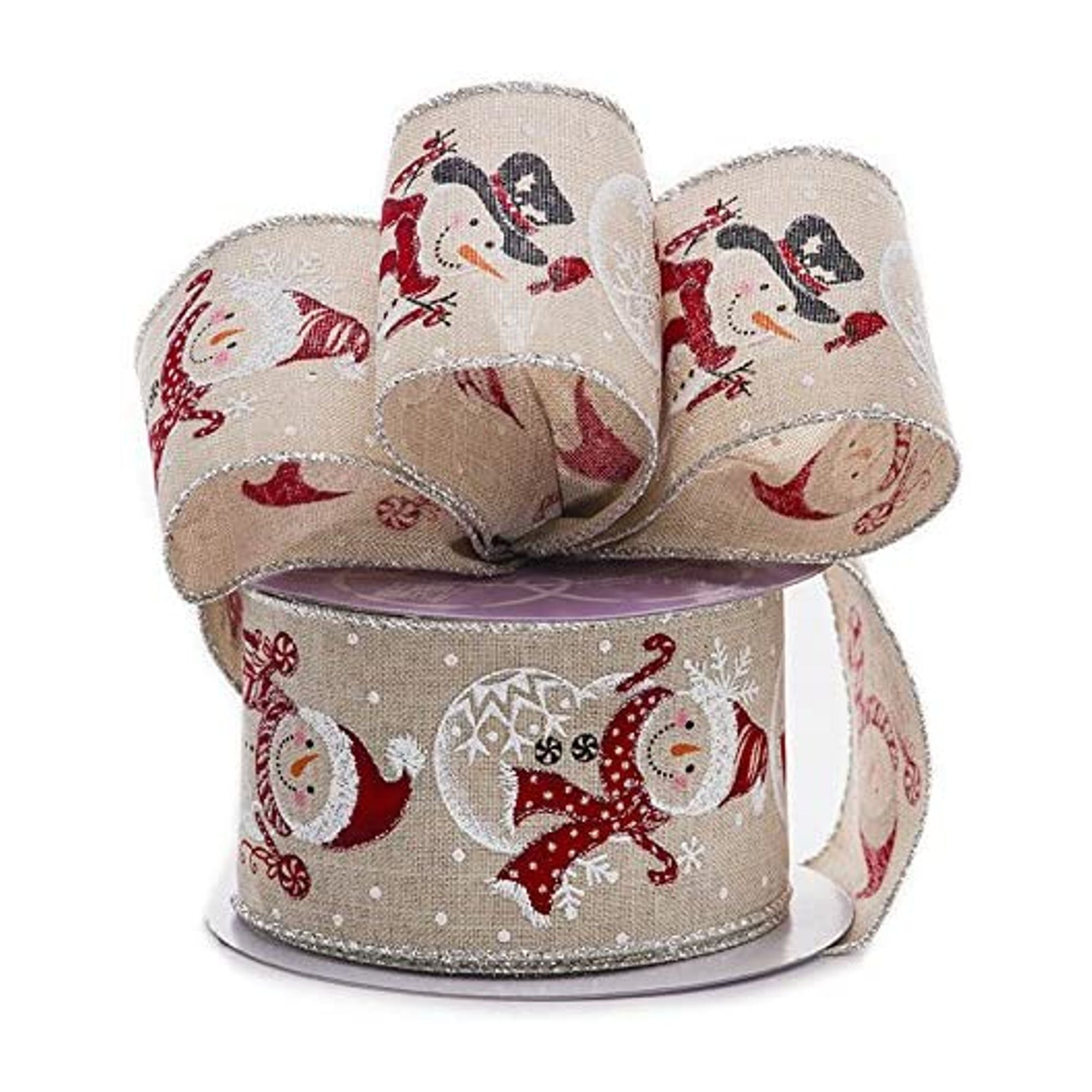 Snowmen On Natural Wired Christmas Ribbon - 2 1/2