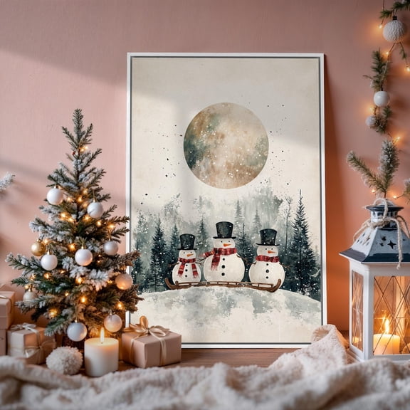 Snowmen On Sled Poster Wonderland Wall Art Winter Pine Forest Poster Full Moon Decor Ready To Hang, Unframed Poster Size 12x18