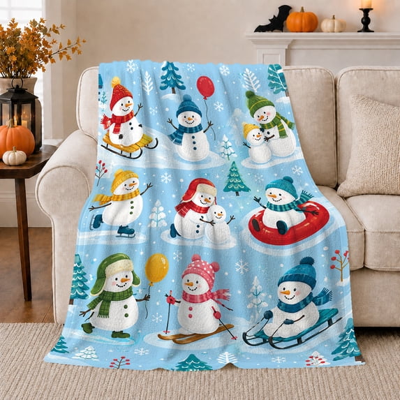 Snowmen Sledding Skating Skiing and Snow Tubing with Balloons and Pines, Cheerful Winter Activity Art for Kids, Warm Flannel Blanket for Playroom and Bedroom, Christmas Gift, Home Decor