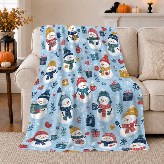 Snowmen with Wrapped Presents Cocoa Mugs Hearts Mittens and Snowflakes, Cheerful Winter Party Art for Kids, Cozy Flannel Blanket for Playroom and Bedroom, Christmas Gift, Home Decor