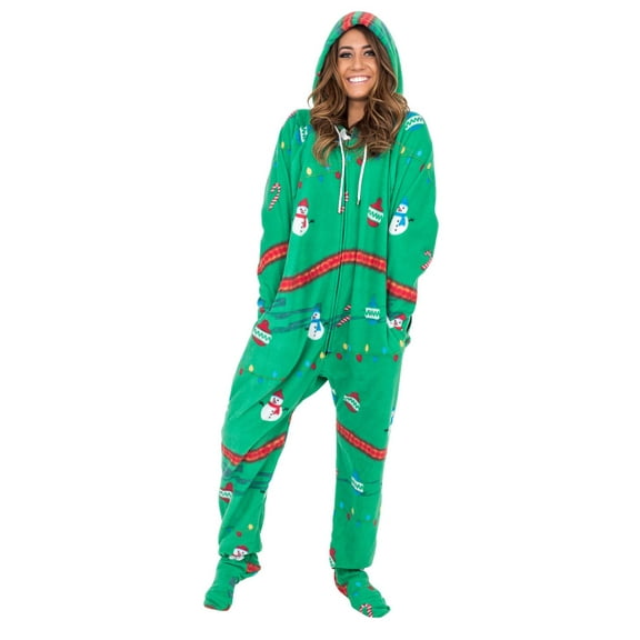 Snowmen and Lights Green Christmas Pajama Union Suit with Hood