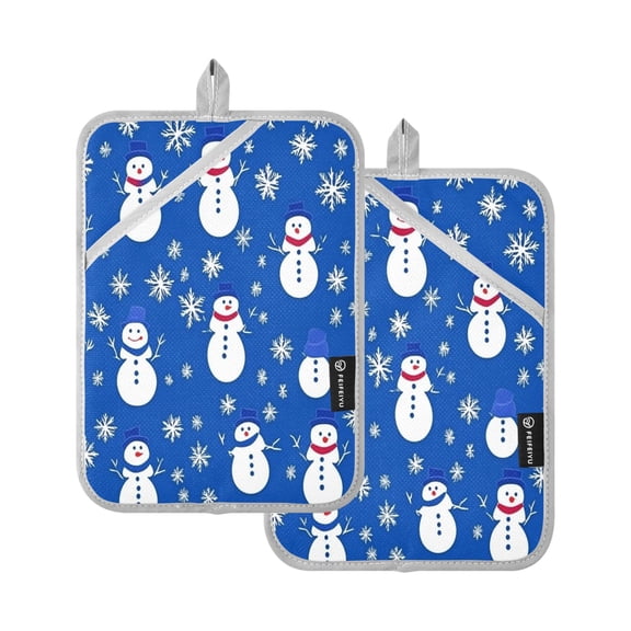 Snowmen and Snowflakes Pattern Set of 2 Heat-Resistant Quilted Pads, Silver Polyester, 7" x 9.8"