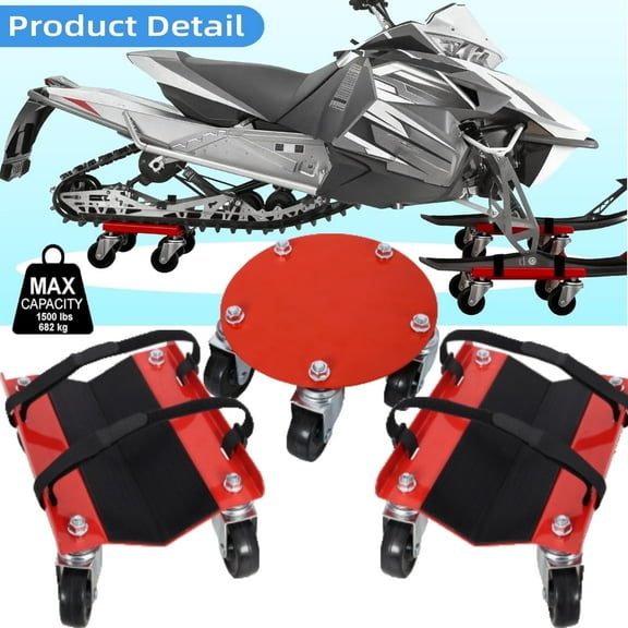 Snowmobile Dolly Heavy Duty 1500lbs Capacity V-Slide with 2.5” Nylon Swivel Casters Rubber Pad Protecting Skis &Straps Firmly Red