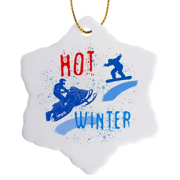 3drose, Snowmobile, Snowboard, Snow. Hot Winter Colorful Text. Winter Sport, 3 inch Snowflake Porcelain Ornament