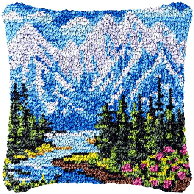 Snowmountains Latch Hook Pillow Cover Kits for DIY Handmade Throw Pillow Cross Stitch Latch Hook Pillowcase Rug Kits with Preprinted Color Pattern Canvas Crochet Yarn Kits 17''X 17''(ys22)