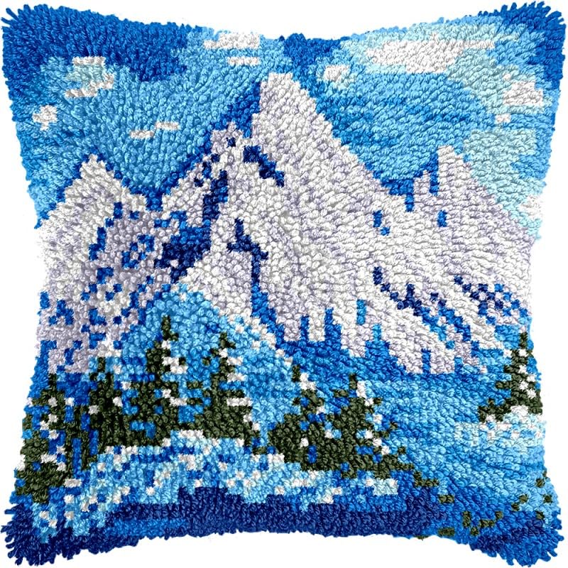 Snowmountains Latch Hook Pillow Kits Pillow Cover with Pattern Printed Canvas Sofa Hooking Pillowcase Cushion Crafts Embroidery Latch Hooking Crochet Starter Kits 17x17 inch(1)