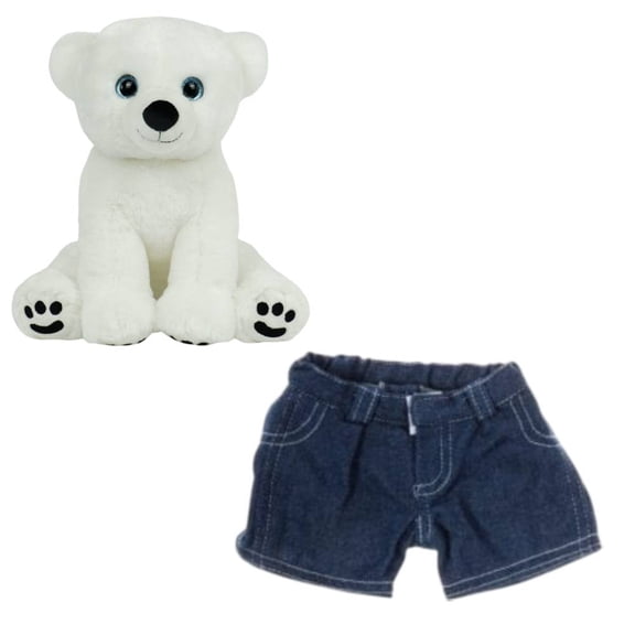 Snowpuff the Polar Bear 16 InchEco-Friendly Plush Toy with Blue Jean Shorts