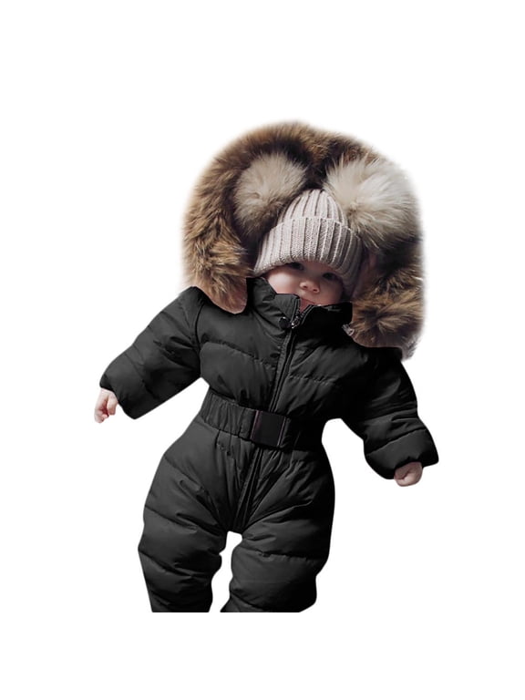 Snowsuit Baby Boy Jumpsuit Winter Infant Warm Romper Coat Outfit Hooded Jacket Thick Newborn Boy Clothes Black 6 Months-9 Months