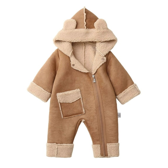 Snowsuit For Toddler Bear Ears Hooded Front Zip Long Sleeve Jumpsuit Thick Thermal One Piece Oneises Bodysuit (18 Months, Khaki)
