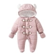 thumbnail image 1 of Snowsuit For Toddler Front Zip Bear Ears Hooded Long Sleeve Oneises Bodysuit Thermal Comfy Jumpsuit With Mitten (0 Months, Pink), 1 of 7