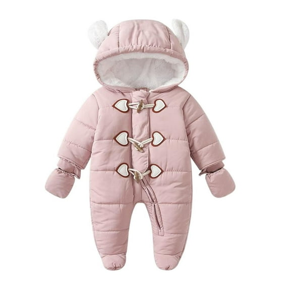 Snowsuit For Toddler Front Zip Bear Ears Hooded Long Sleeve Oneises Bodysuit Thermal Comfy Jumpsuit With Mitten (0 Months, Pink)
