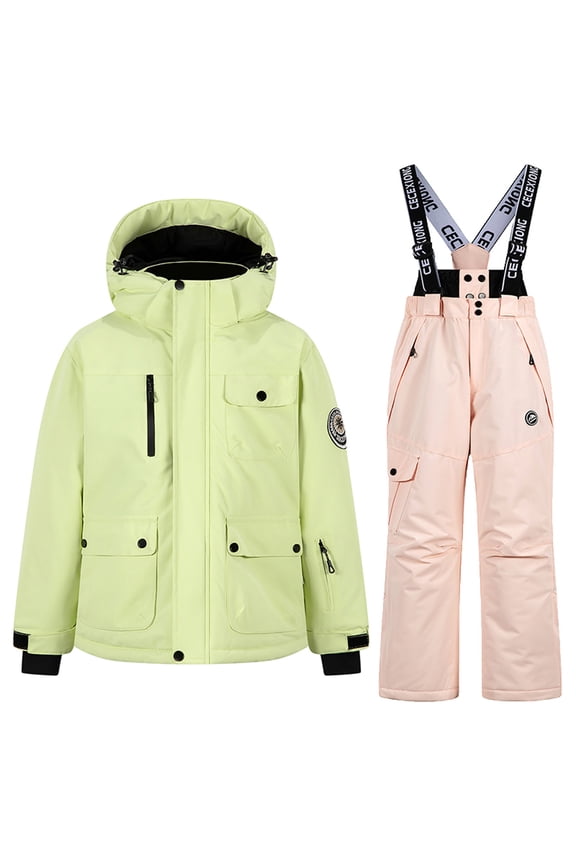 Snowsuit Kids Girls New Children's Winter Thick Waterproof Windproof and Warm Hooded Long Sleeved Top + Suspender Ski Pants Two-Piece Set for Kids Style B-10 Pinky 11-12 Years