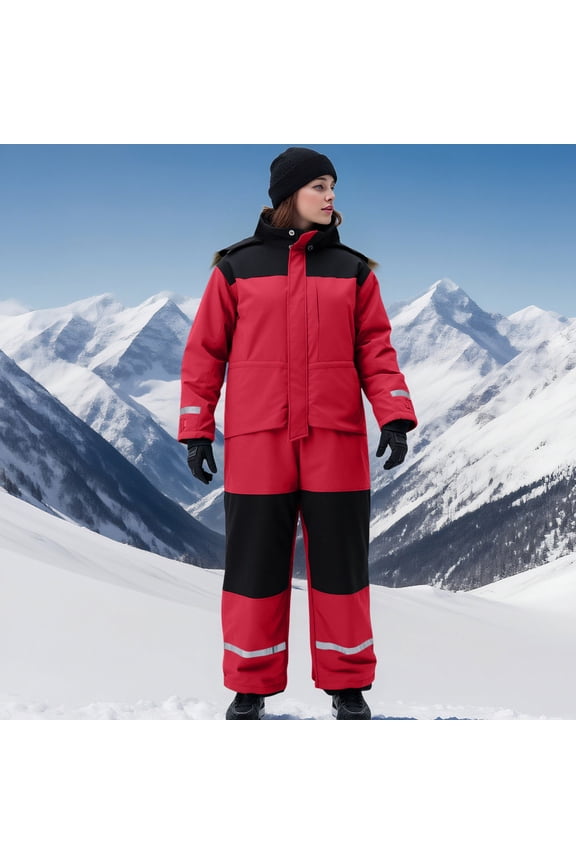 Snowsuit Women Men Winter Ski Suit One Piece Hooded Waterproof Ski Jumpsuit Zip up Overalls Loose Elastic Waist Outdoor Sports Coat with Pockets