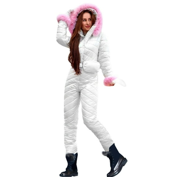 Snowsuit Women Overalls Women One Piece Snowsuit Fuzzy Hooded Ski Snow Suits Waterproof Windproof Jumpsuit Outdoor Sports Warm Outfits with Gloves White S