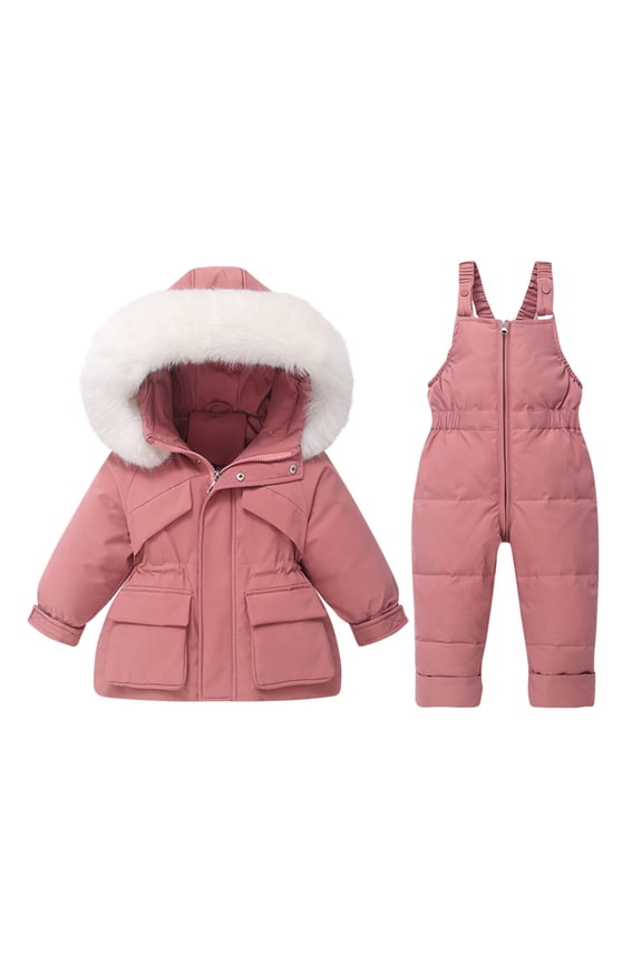 Snowsuits for Toddlers Kids 2 Piece Windproof Water Resistant Snow Suits Faux Fur Trim Hood Puffer Girl Boy Ski Set (2-3 Years, Pink)
