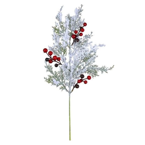 Snowy Artificial Pine Branch, Frosted Faux Cedar Spray with Red Berries, 19.3" Greenery Cedar Picks Christmas Cedar Stems Faux Sprig for DIY Garland Wreath Xmas Home Vase Filler Decoration