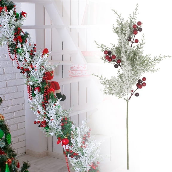 Snowy Artificial Pine Branches, Snow Frosted Faux Cedar Spray with Red Berries, 19" Greenery Cedar Picks Christmas Cedar Stems for DIY Garland Wreath Xmas Embellishing Garden Home Decoration, 1 Pcs