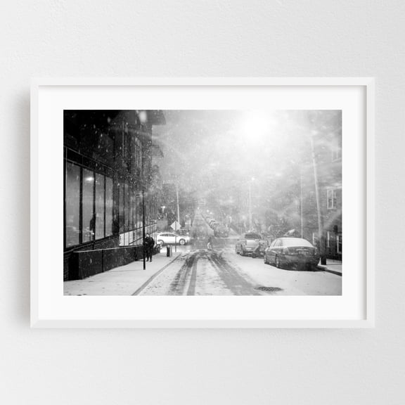 Snowy Astoria 03 - Queens New York Photography Snow Black and White Winter Street Photography Cityscape Architecture Moody White Framed Wall Art Print 5 x 7 inches