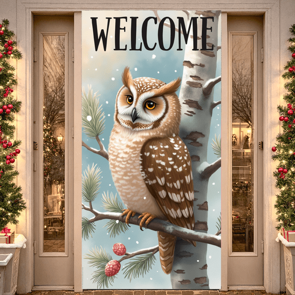 Snowy Background Owl Illustration Nature Scene Welcome Sign for Home Decoration Winter Season