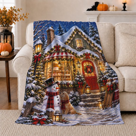 Snowy Bakery Village Illustration Festive, Festive Pet Portrait Pattern, Warm Flannel Blanket for Living Room and Reading Nook, Dog Lovers Christmas Gift, Pet Lover Home Decor