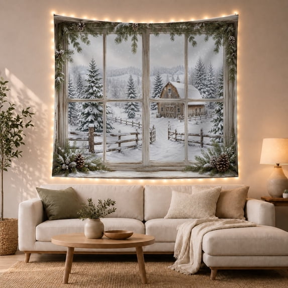 Snowy Barn Among Pines in a Rustic Window View, Peaceful Digital Art for Nature Lovers, Forest Decor, Christmas Gift, Tapestry Wall Hanging for Bedroom and Living Room