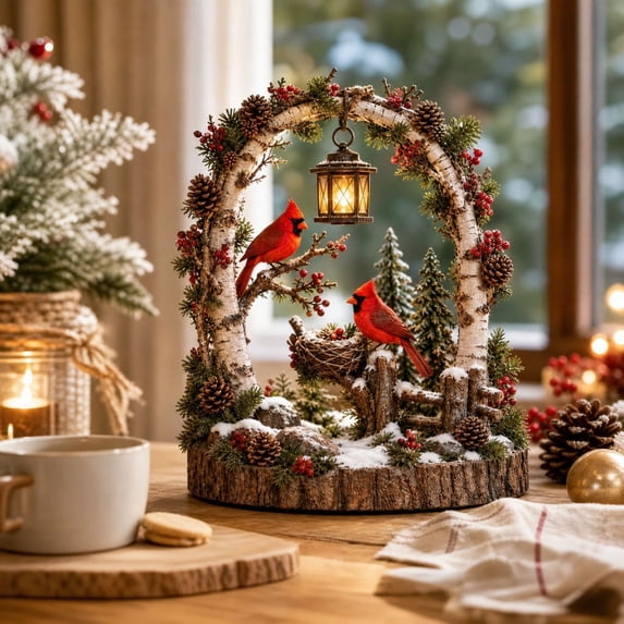 Snowy Birch Arch Christmas Desktop Ornament Red Cardinal Bird Statue with Lighted Lantern Pine Cone Berry Home Accent