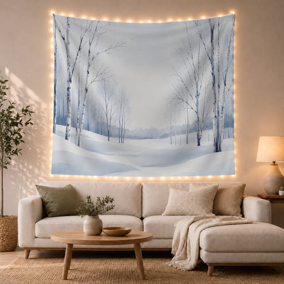 Snowy Birch Forest with Bare Branches and Drifts, Calming Minimalist for Nature Lovers, Blue Gray Forest Decor, Housewarming Gift, Tapestry Wall Hanging for Bedroom and Studio