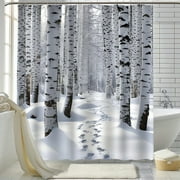 Snowy Birch Forest Shower Curtain Hyper Realistic Nature Scene with Footprints High Quality and Detail