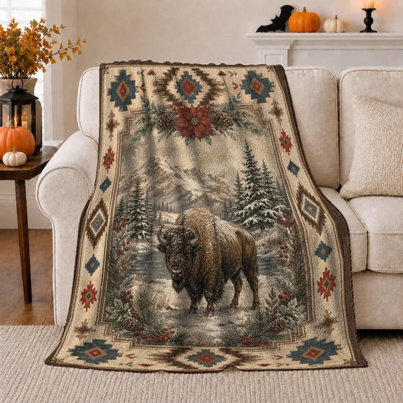 Snowy Bison Wilderness Geometric Border Brings Calm Woven, Peaceful Mountain Lake Scene, Warm Flannel Blanket for Cabin and Lodge, Outdoor Lovers Camping Gift, Artistic Home Decor