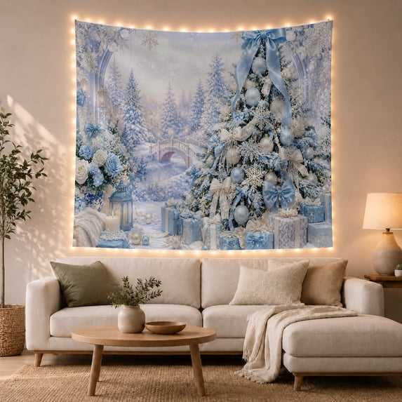 Snowy Blue Garden with Evergreen Tree and Lantern, Dreamy Illustration for Nature Lovers, Elegant Wall Art Christmas Gift Tapestry Wall Hanging for Living Room and Bedroom