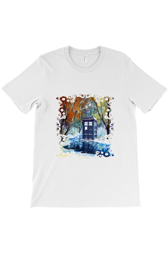 Snowy Blue Phone Booth at Winter Zone Tardis Themed Sci-Fi and Seasonal G26381 Unisex T-Shirt, Up to Size 5XL