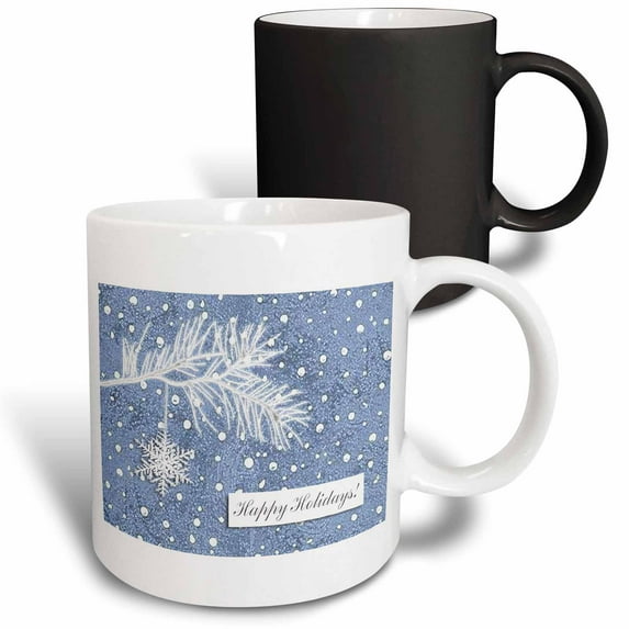 3drose, Snowy Branch with Snowflake on Blue, Happy Holidays, 11oz Magic Transforming Mug