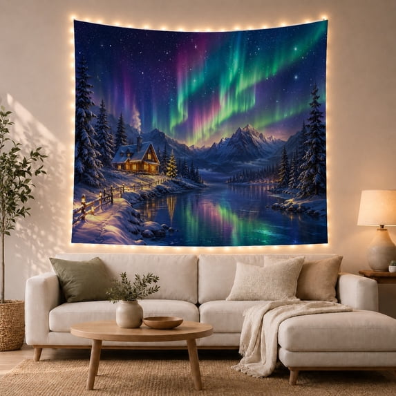 Snowy Cabin Beside a Reflective Aurora Lake, Cozy Digital Art for Nature Lovers, Winter Mountain Decor, Christmas Gift, Tapestry Wall Hanging for Living Room and Study Room