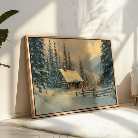 Snowy Cabin In Winter Forest – Rustic Log Home Wall Art Print – Cozy Mountain Retreat Painting Wall Art, Modern Wall Decor, 8x12 UNFRAMED