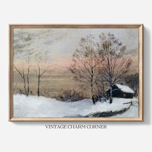 Snowy Cabin Landscape Bare Birch Trees Sunset Winter Art, UNFRAMED Size 30x30