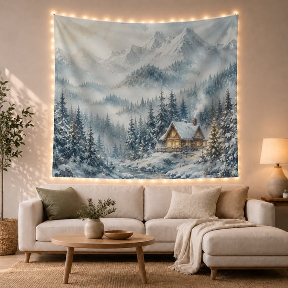Snowy Cabin in Winter Forest Landscape, Cozy Watercolor Art for Nature Lovers, Forest Home Decor, Housewarming Gift Tapestry Wall Hanging for Bedroom, Living Room and Dorm